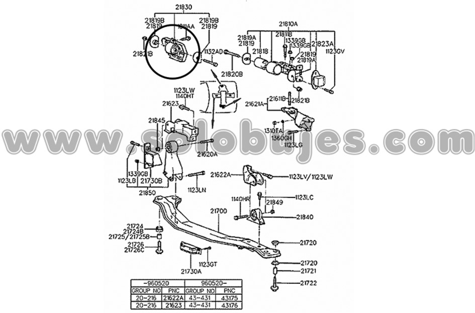 Buje soporte motor derecho Accent 1996 catalogo