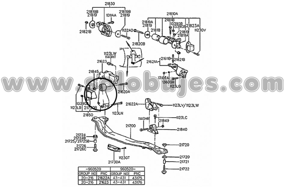 Buje soporte motor trasero Accent 1998 catalogo